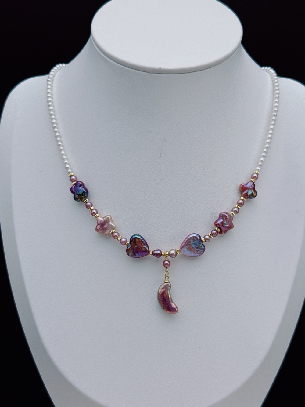 RL043 Handmade Premium Quality Freshwater Baroque Necklace Moon&Star 18” - Picture 13 of 16